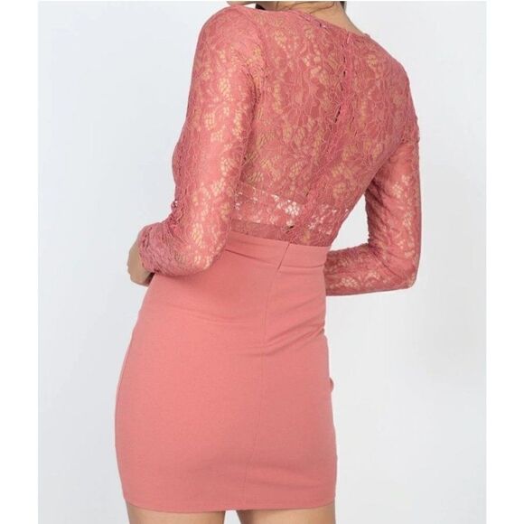 Women's Dress Long Sleeve Lace Stretch Bodycon Mini Dress Marsala Large NWT - Picture 3 of 10